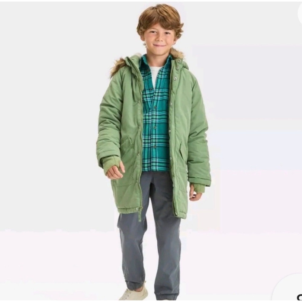 Cat & Jack Boys Parka XL 14 Olive Green Faux Fur Hood Warmest Winter Coat